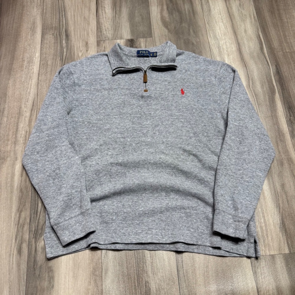 Polo Ralph Lauren Mens XL Gray Quarter Zip Pullover Sweater Heathered Red Pony